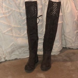 Grey brown thigh high boots